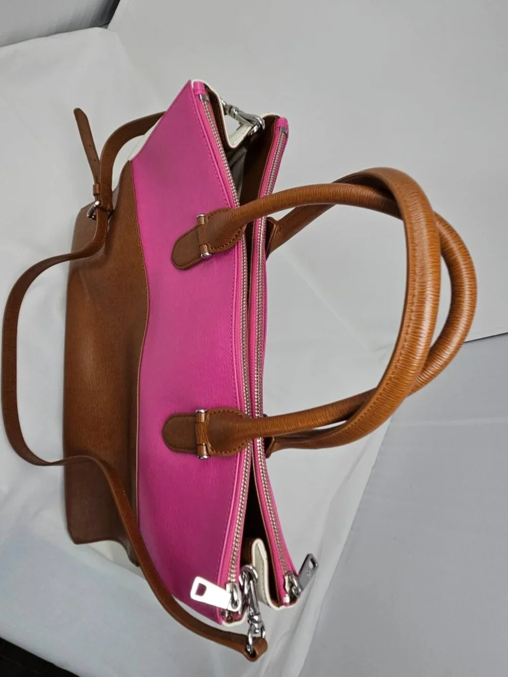 Lauren Ralph Lauren Newbury Tri-Color Leather Handbag - Brown / Vanilla / Rose - Picture 4 of 11